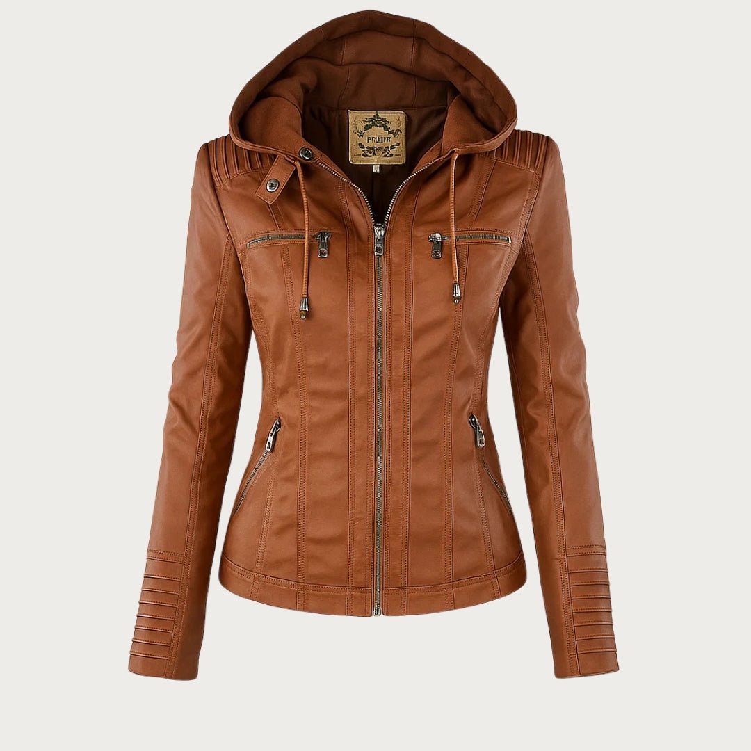Faux Leather Biker Jacket with Removable Drawstring Hood and Zip Details