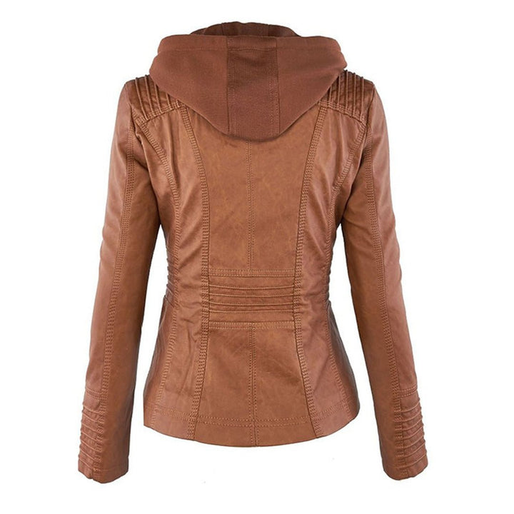 Faux Leather Biker Jacket with Removable Drawstring Hood and Zip Details