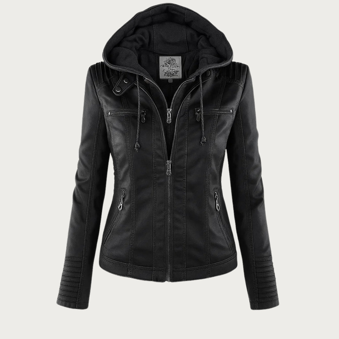 Faux Leather Biker Jacket with Removable Drawstring Hood and Zip Details