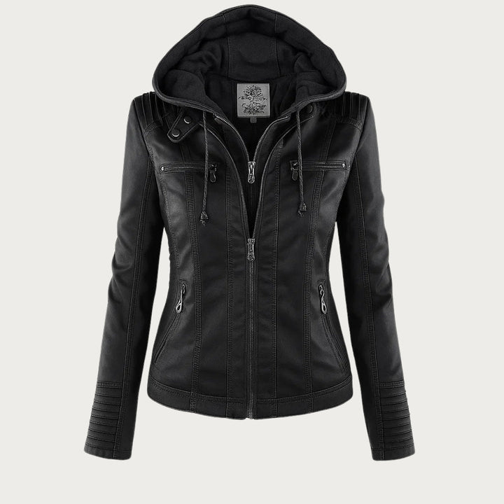 Faux Leather Biker Jacket with Removable Drawstring Hood and Zip Details
