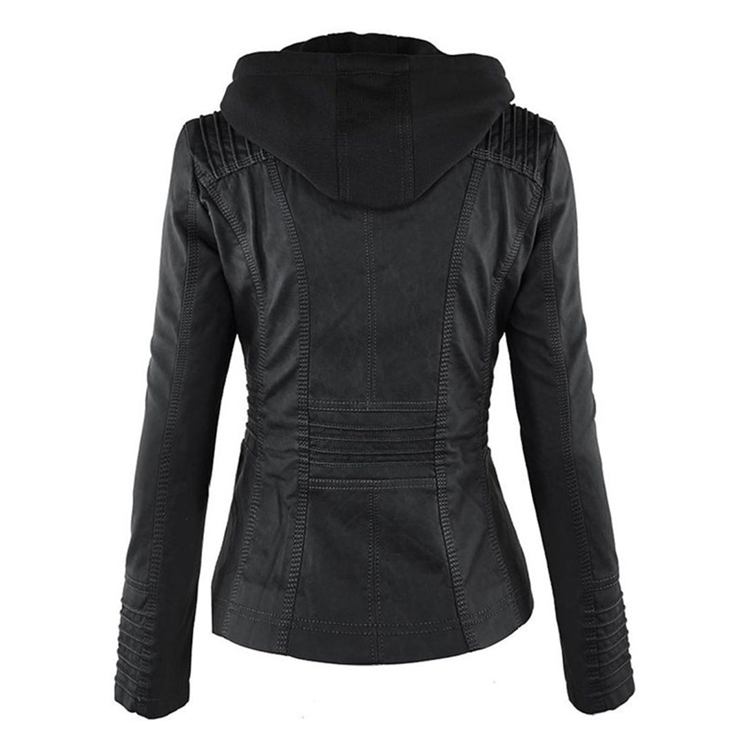 Faux Leather Biker Jacket with Removable Drawstring Hood and Zip Details