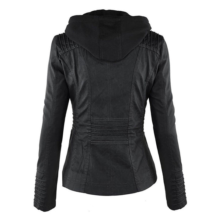 Faux Leather Biker Jacket with Removable Drawstring Hood and Zip Details