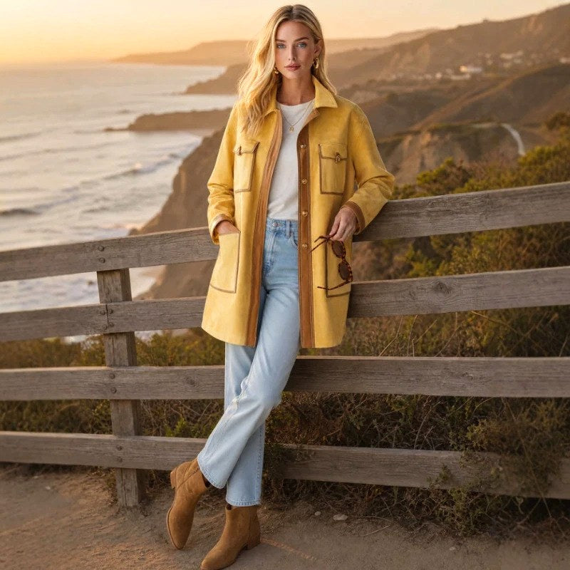 Faux Suede Longline Utility Jacket with Contrast Trim