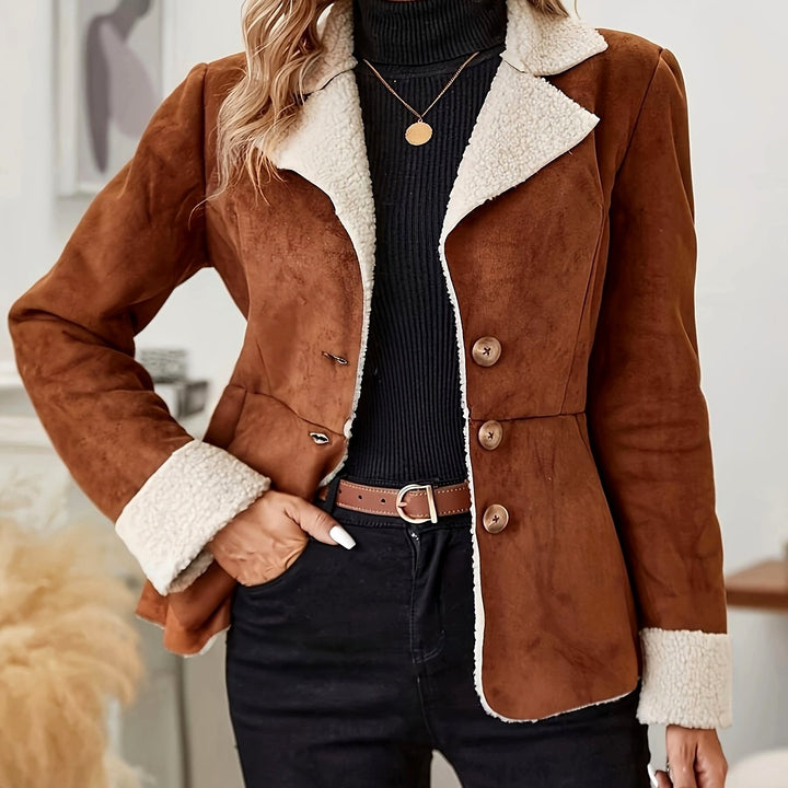 Faux Suede Shearling-Lined Peplum Jacket with Wide Lapels