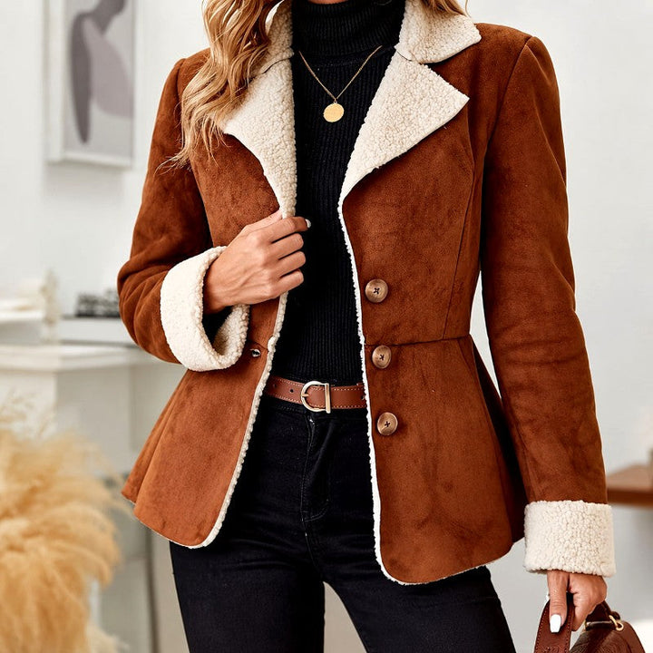 Faux Suede Shearling-Lined Peplum Jacket with Wide Lapels