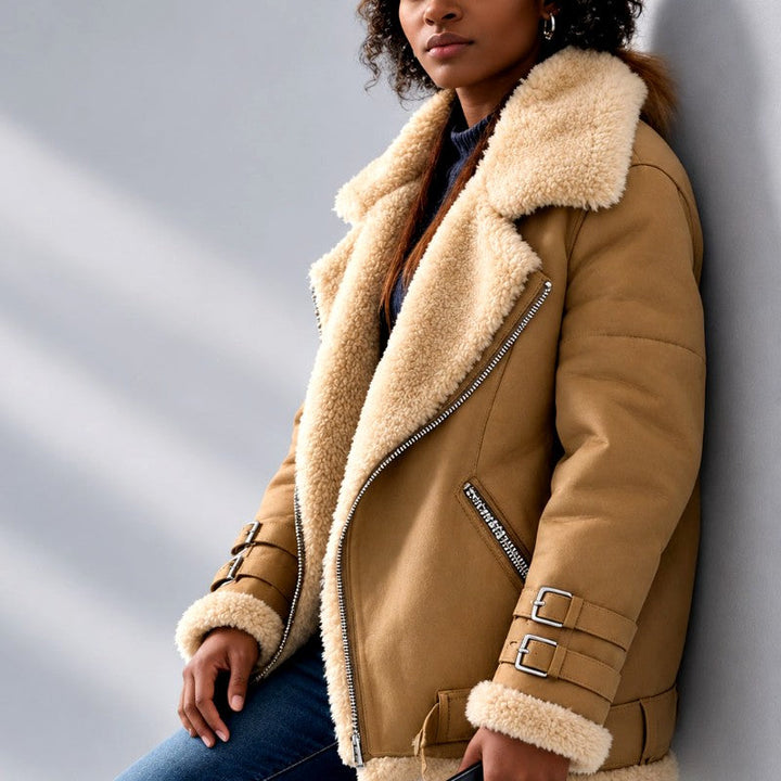 Faux Suede Shearling Moto Jacket with Asymmetric Zip and Buckle Cuffs