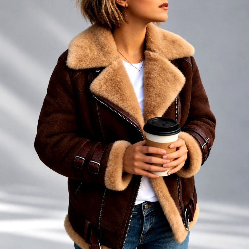Faux Suede Shearling Moto Jacket with Asymmetric Zip and Buckle Cuffs