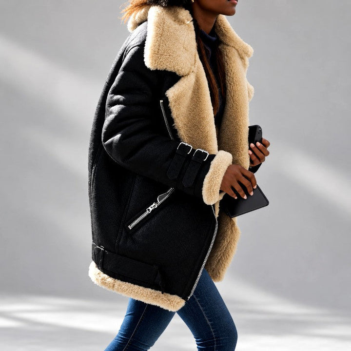 Faux Suede Shearling Moto Jacket with Asymmetric Zip and Buckle Cuffs