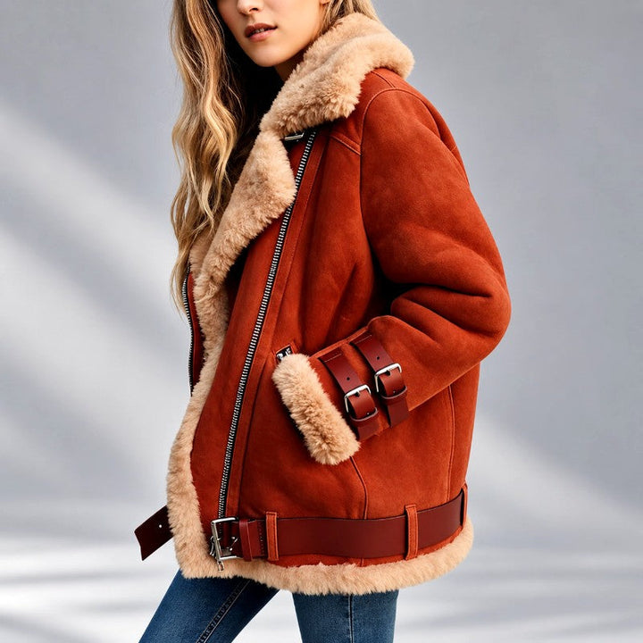 Faux Suede Shearling Moto Jacket with Asymmetric Zip and Buckle Cuffs
