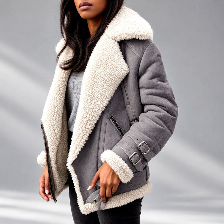Faux Suede Shearling Moto Jacket with Asymmetric Zip and Buckle Cuffs - Marl &amp; Mere