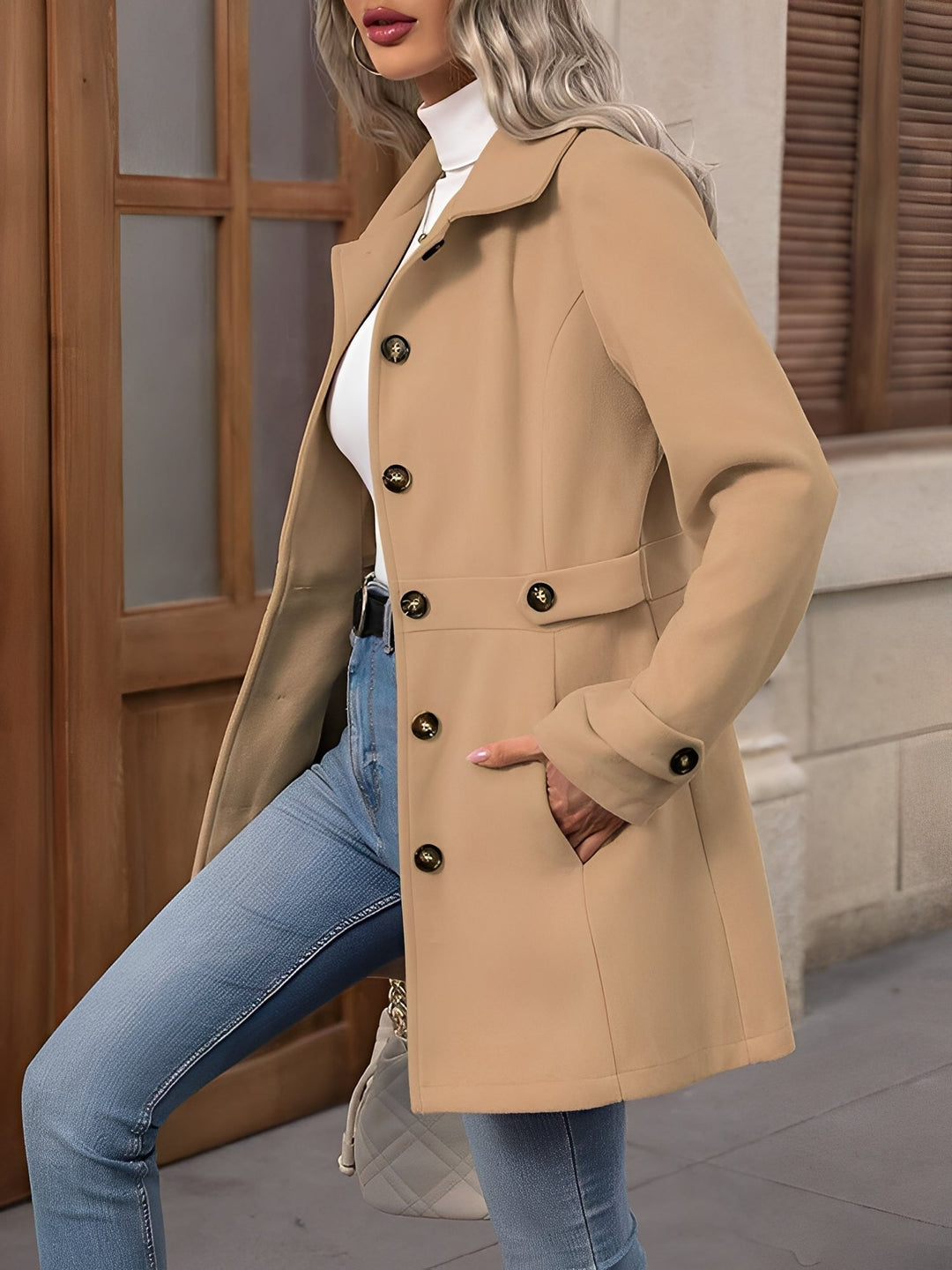 Fitted Double-Breasted Trench Coat with Gold-Tone Buttons
