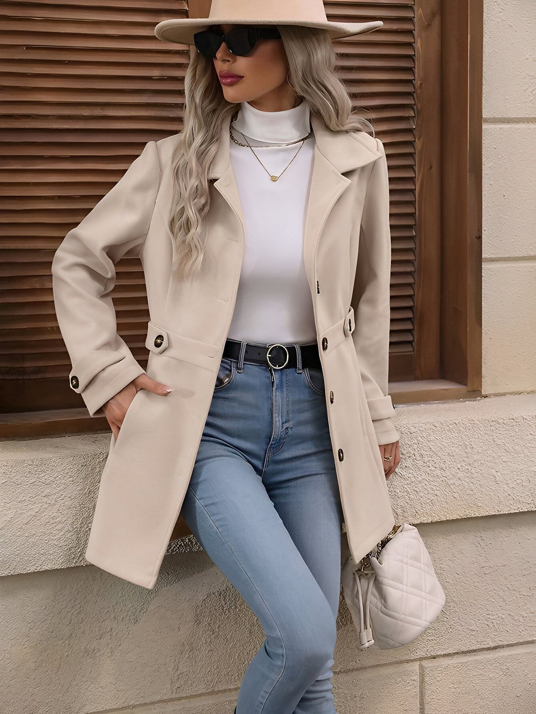 Fitted Double-Breasted Trench Coat with Gold-Tone Buttons