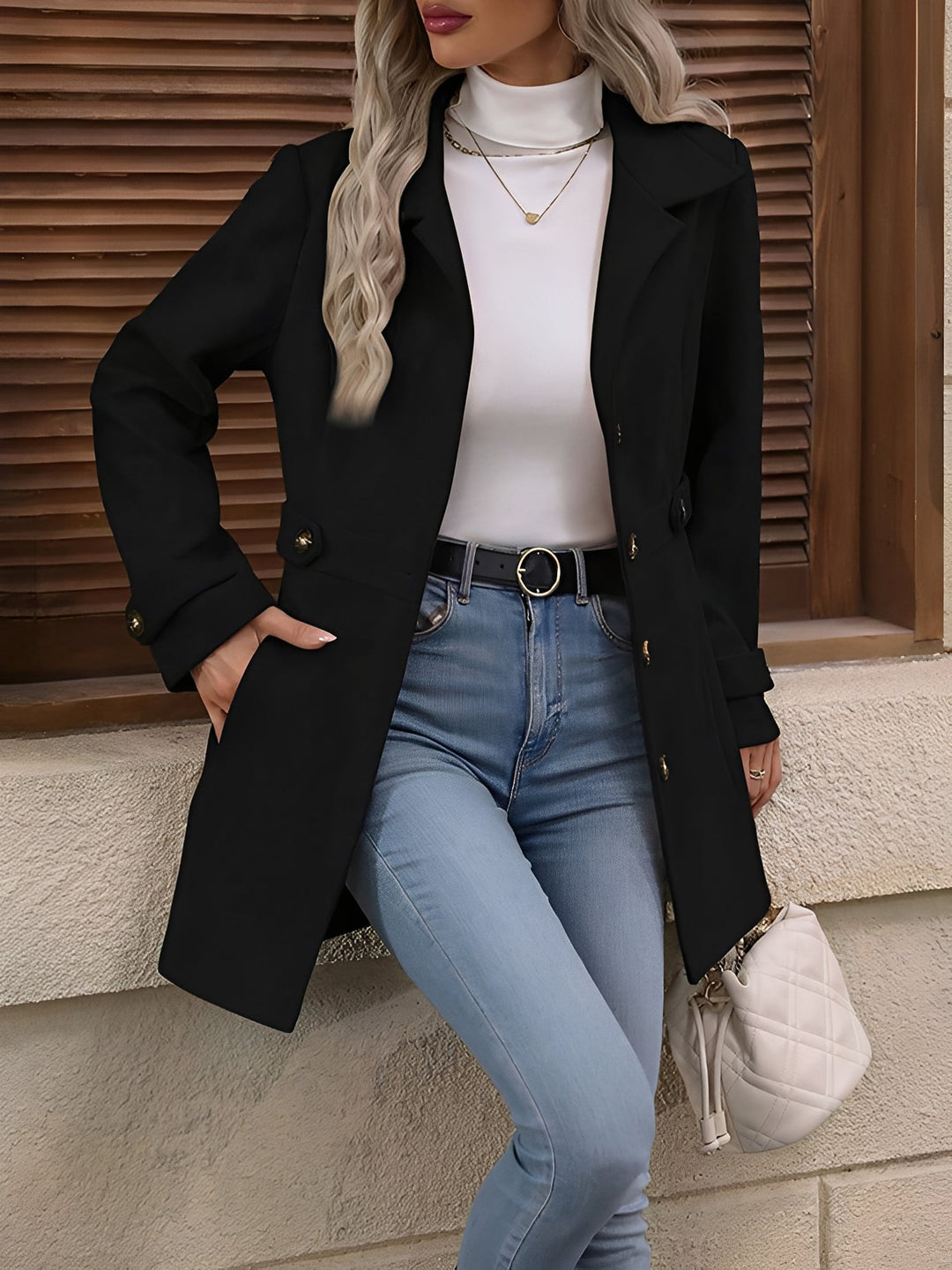 Fitted Double-Breasted Trench Coat with Gold-Tone Buttons