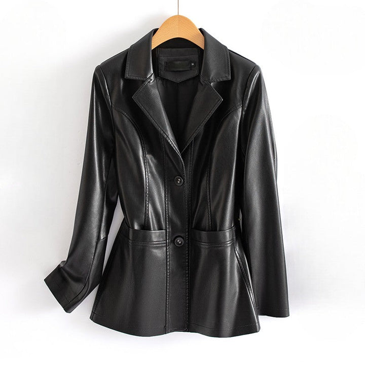 Fitted Faux Leather Jacket with Nipped Waist, Flared Hem and Patch Pockets