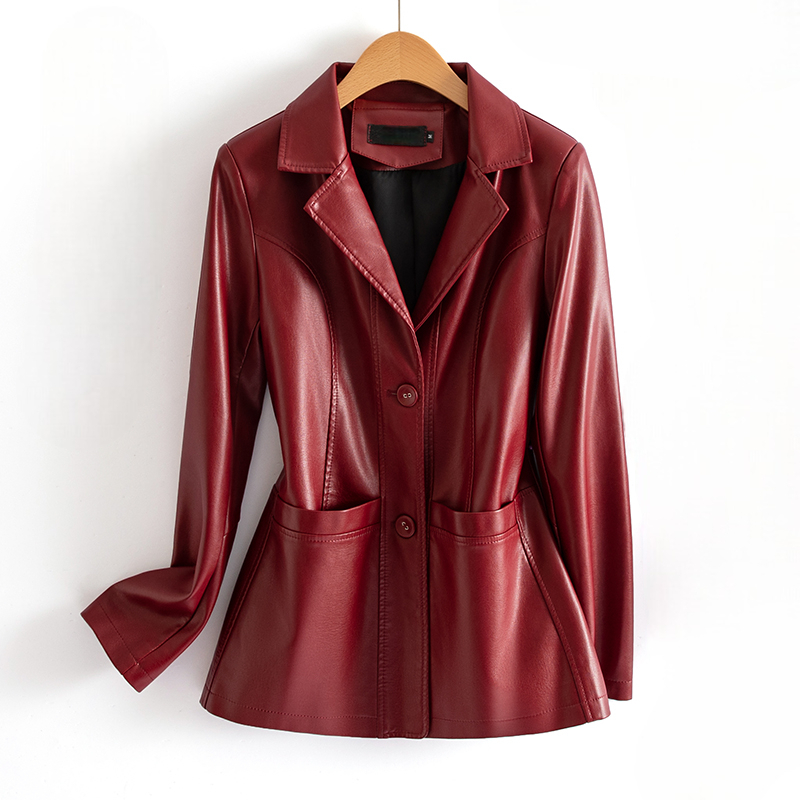 Fitted Faux Leather Jacket with Nipped Waist, Flared Hem and Patch Pockets