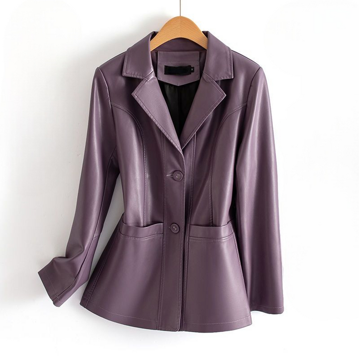 Fitted Faux Leather Jacket with Nipped Waist, Flared Hem and Patch Pockets