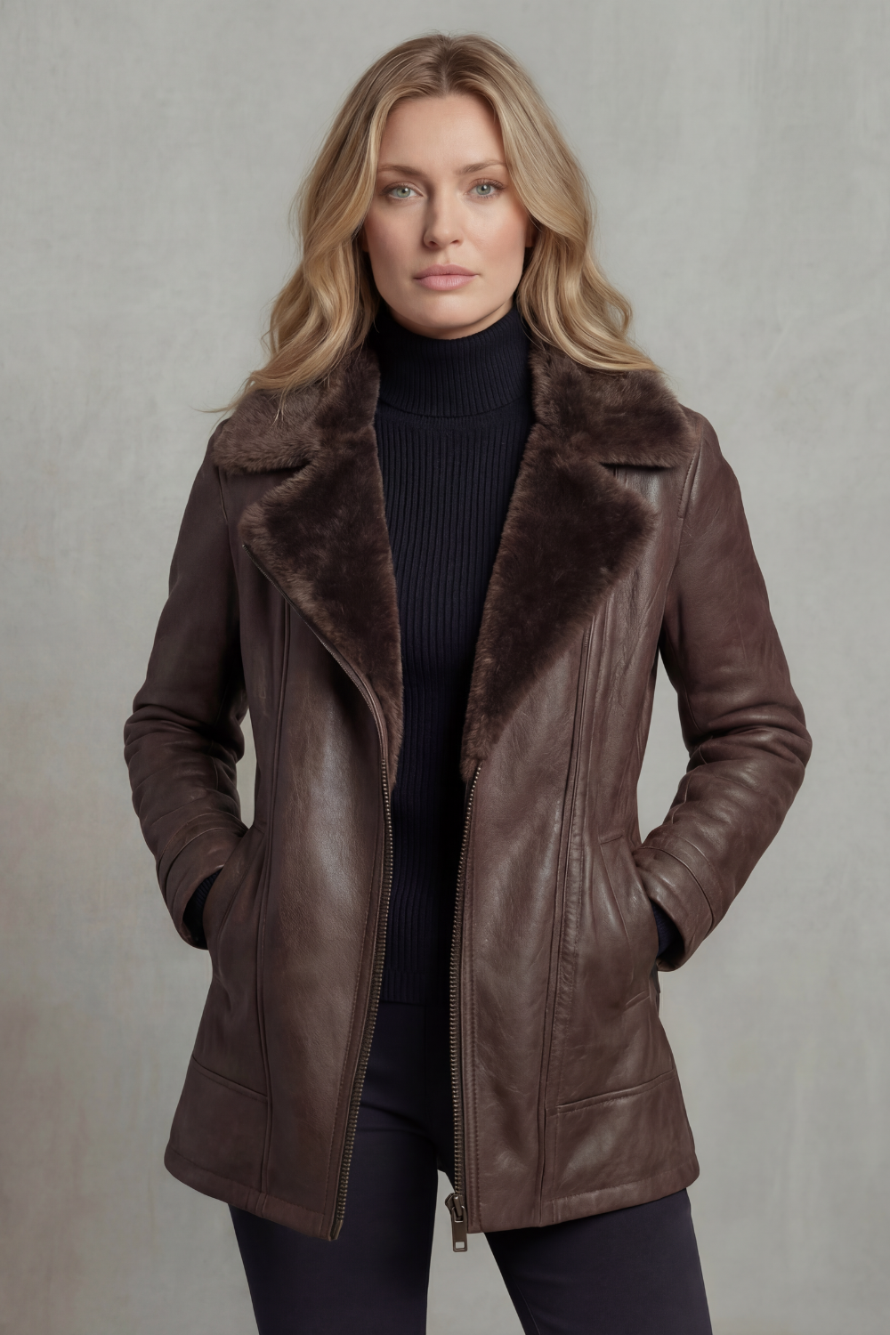 Fitted Faux Leather Winter Jacket with Plush Shearling-Look Collar
