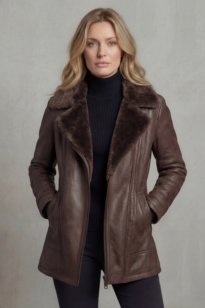 Fitted Faux Leather Winter Jacket with Plush Shearling-Look Collar