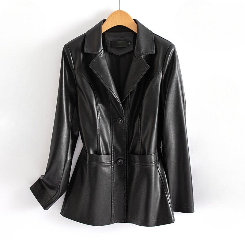 Fitted Leather Jacket with Nipped Waist, Flared Hem and Patch Pockets - Marl &amp; Mere