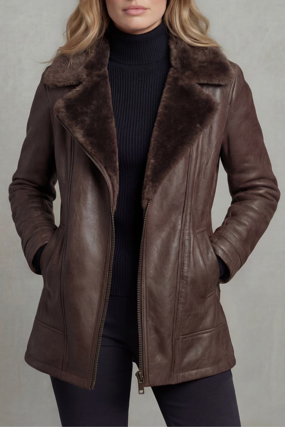 Fitted Leather Winter Jacket with Plush Shearling Collar - Marl &amp; Mere