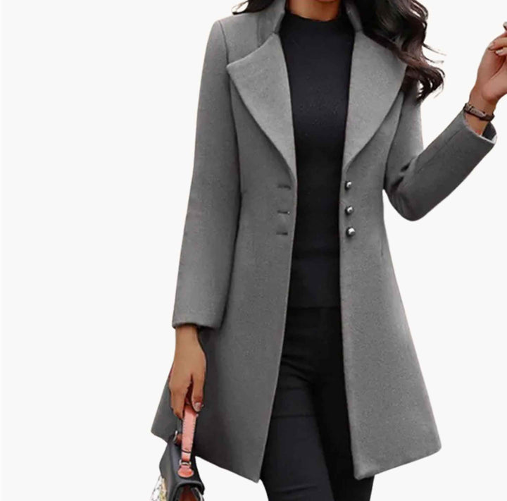 Fitted Single-Breasted Long Coat with Wide Lapels and Flared Hem