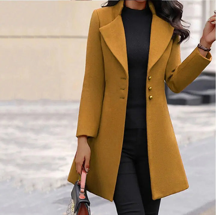 Fitted Single-Breasted Long Coat with Wide Lapels and Flared Hem