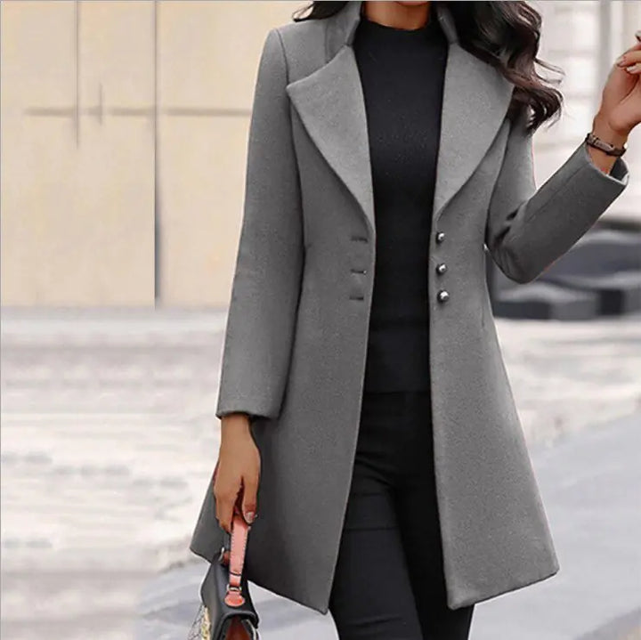 Fitted Single-Breasted Long Coat with Wide Lapels and Flared Hem - Marl &amp; Mere