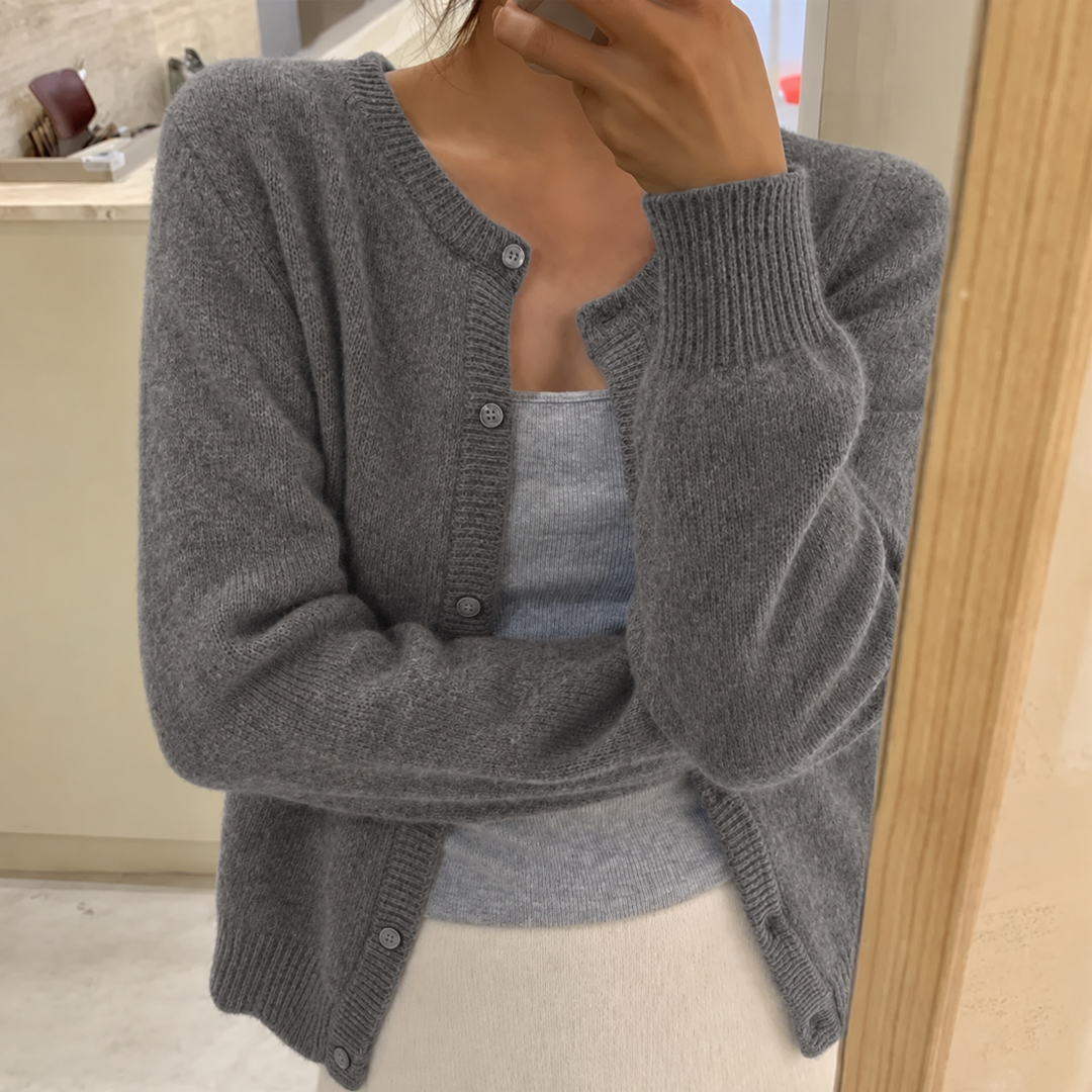 Fluffy Cashmere-Feel Knit Cardigan with Round Neck and Button Front