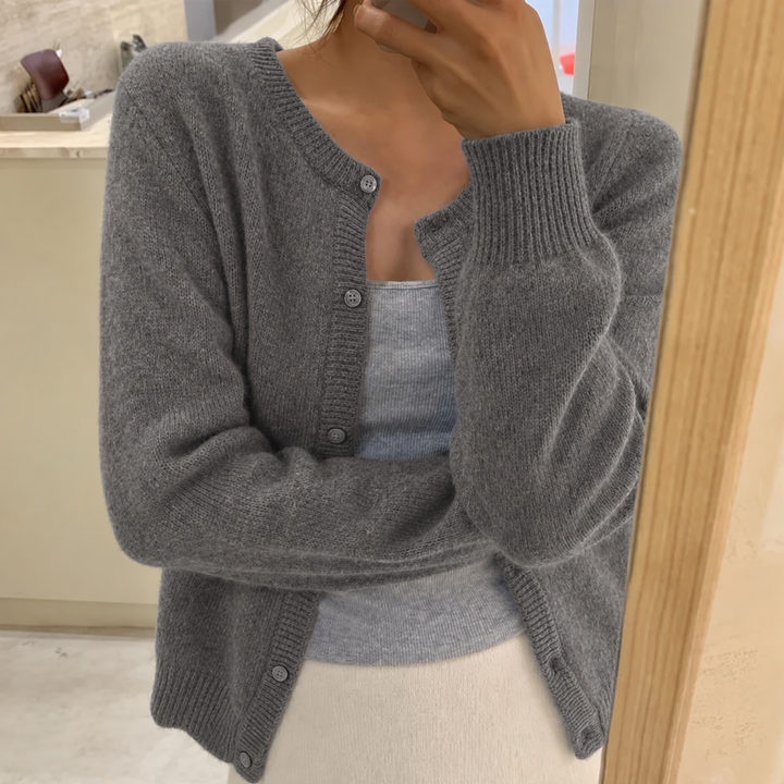 Fluffy Cashmere-Feel Knit Cardigan with Round Neck and Button Front