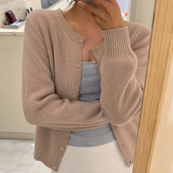 Fluffy Cashmere-Feel Knit Cardigan with Round Neck and Button Front