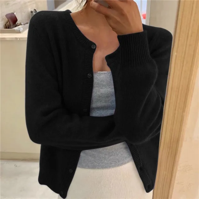 Fluffy Cashmere-Feel Knit Cardigan with Round Neck and Button Front - Marl &amp; Mere