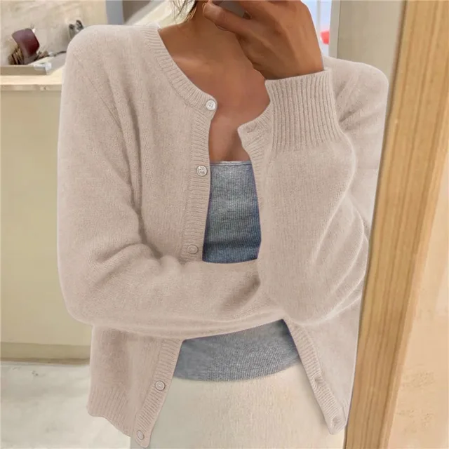 Fluffy Cashmere-Feel Knit Cardigan with Round Neck and Button Front - Marl &amp; Mere