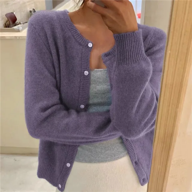 Fluffy Cashmere-Feel Knit Cardigan with Round Neck and Button Front - Marl &amp; Mere