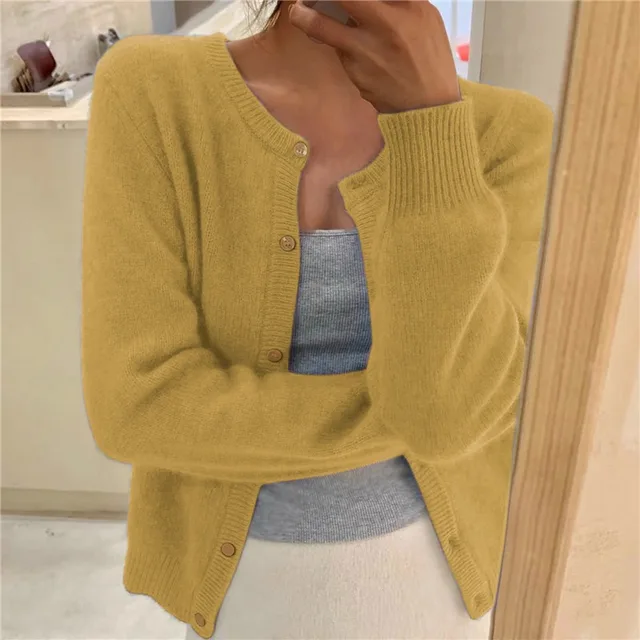 Fluffy Cashmere-Feel Knit Cardigan with Round Neck and Button Front - Marl &amp; Mere