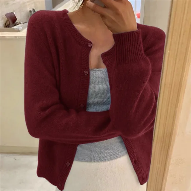 Fluffy Cashmere-Feel Knit Cardigan with Round Neck and Button Front - Marl &amp; Mere