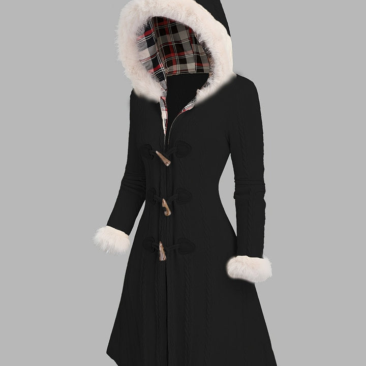 Fur-Trimmed Hooded Longline Coat with Toggle Buttons