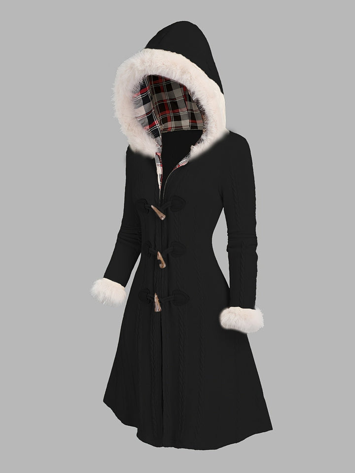 Fur-Trimmed Hooded Longline Coat with Toggle Buttons
