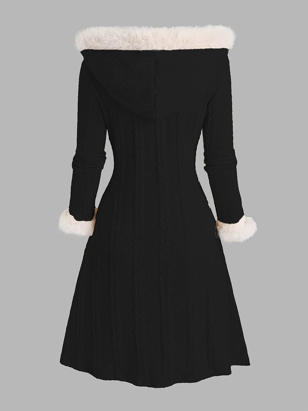 Fur-Trimmed Hooded Longline Coat with Toggle Buttons