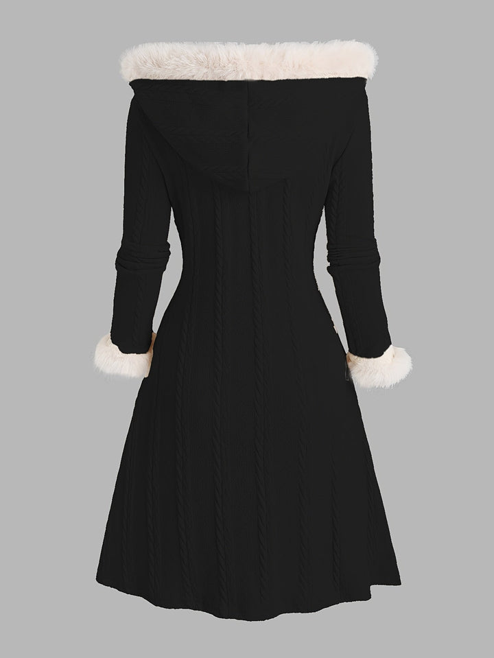 Fur-Trimmed Hooded Longline Coat with Toggle Buttons