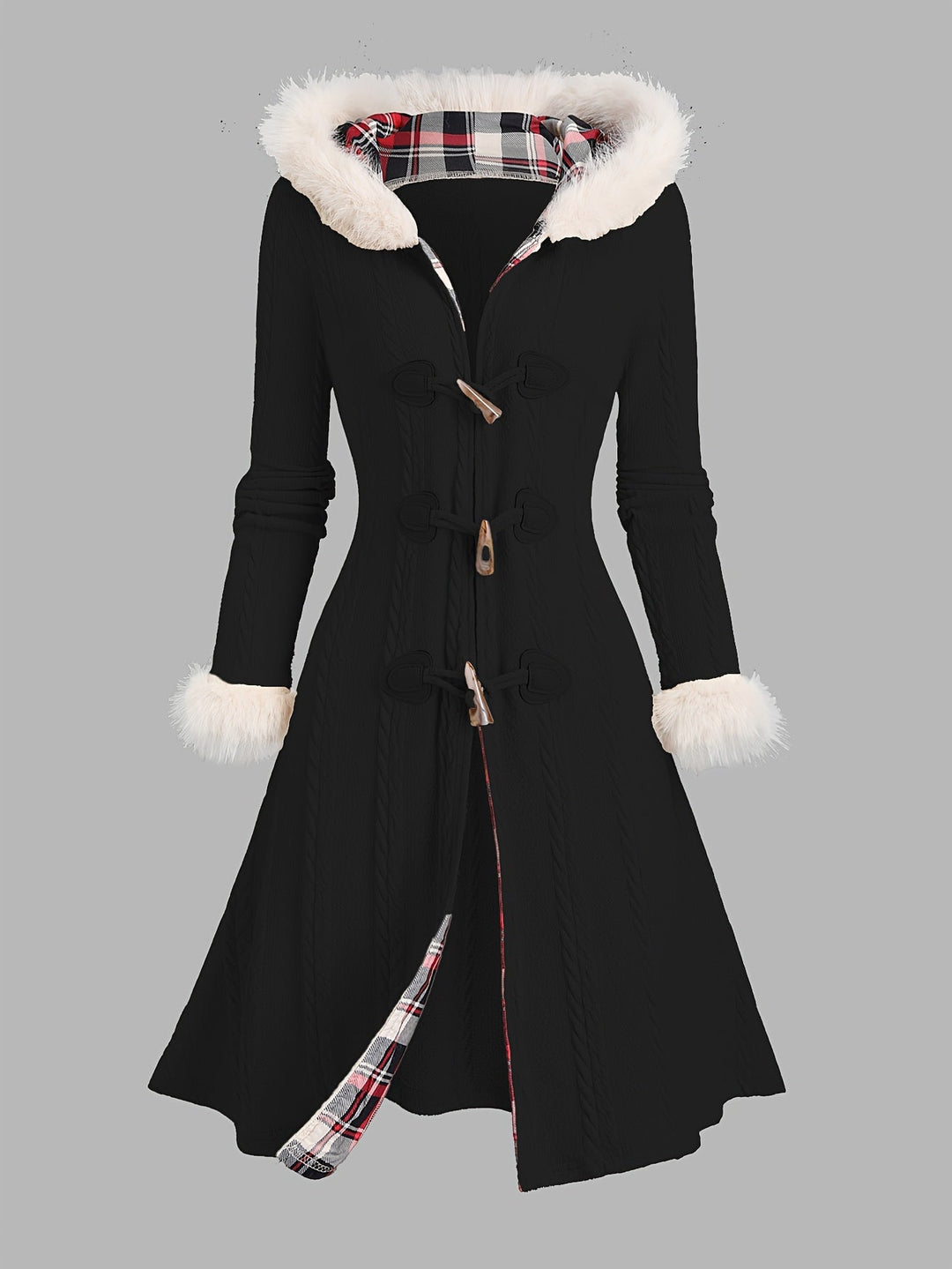 Fur-Trimmed Hooded Longline Coat with Toggle Buttons - Marl &amp; Mere