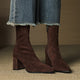 Genuine Suede Pointed-Toe Ankle Boots with Block Heel and Side Zip