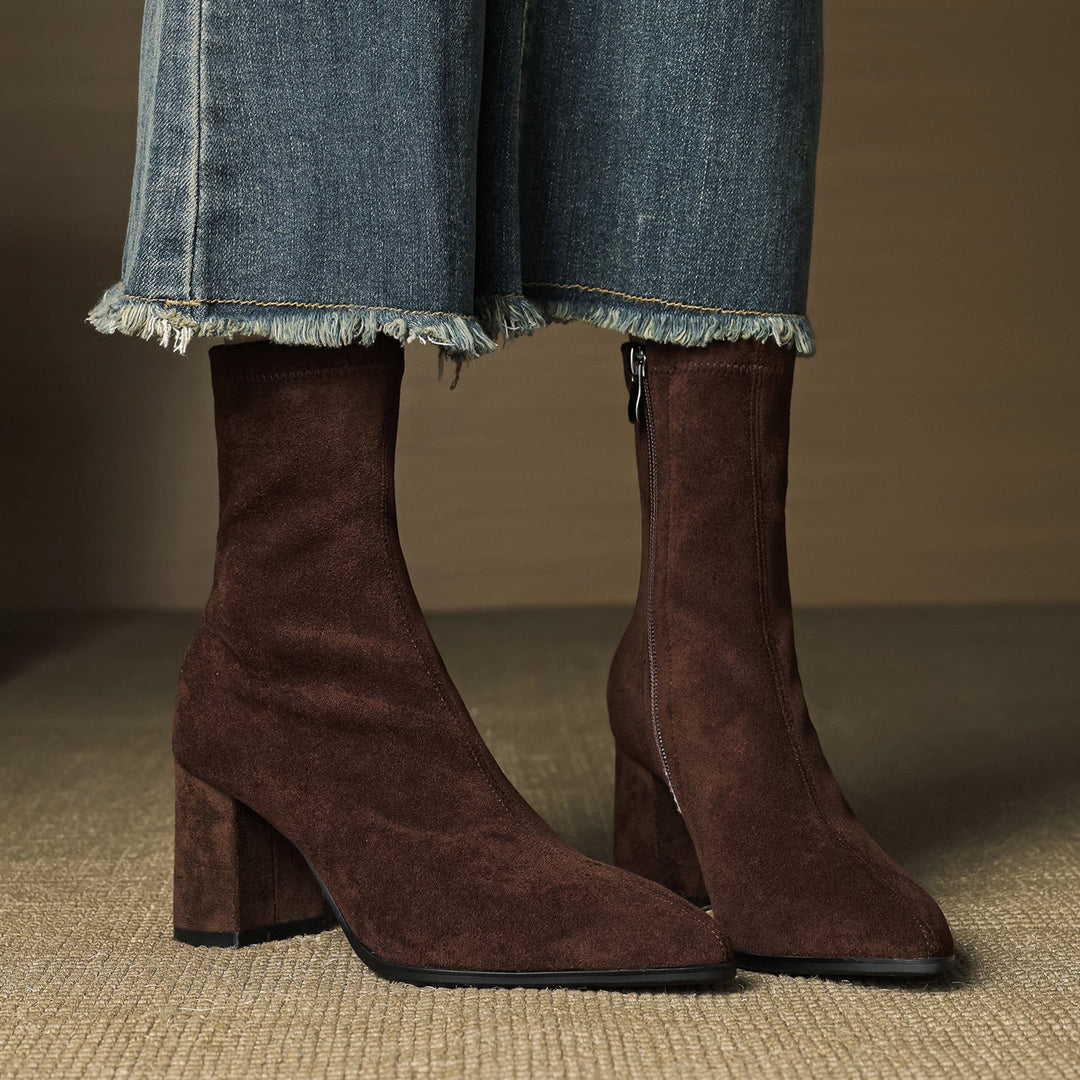 Genuine Suede Pointed-Toe Ankle Boots with Block Heel and Side Zip - Marl & Mere