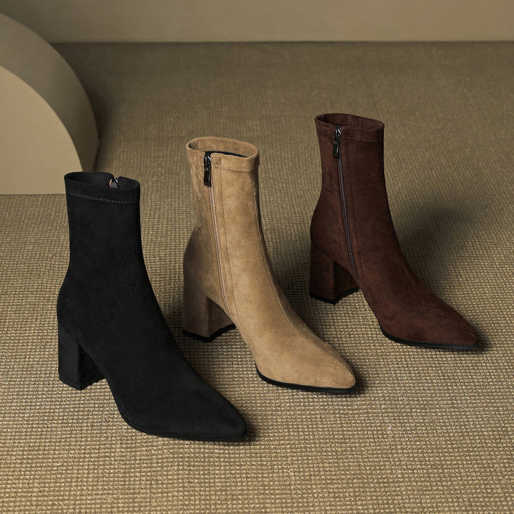 Genuine Suede Pointed-Toe Ankle Boots with Block Heel and Side Zip - Marl &amp; Mere