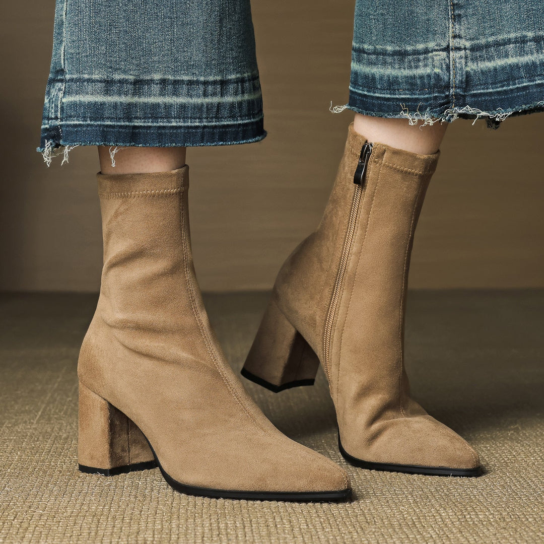 Genuine Suede Pointed-Toe Ankle Boots with Block Heel and Side Zip - Marl &amp; Mere