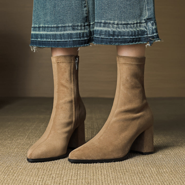 Genuine Suede Pointed-Toe Ankle Boots with Block Heel and Side Zip - Marl &amp; Mere