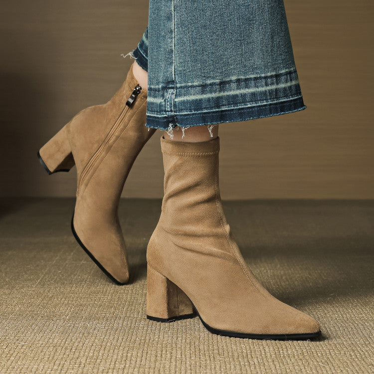 Genuine Suede Pointed-Toe Ankle Boots with Block Heel and Side Zip - Marl &amp; Mere