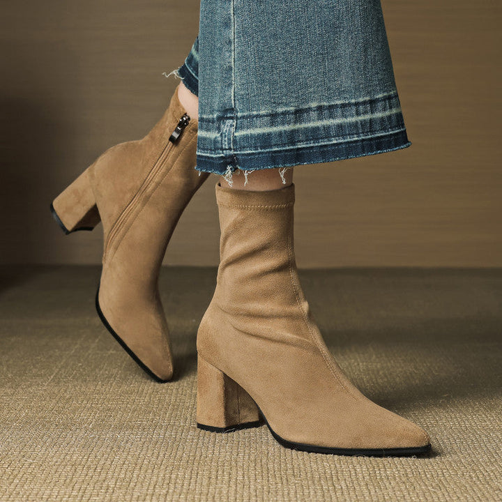 Genuine Suede Pointed-Toe Ankle Boots with Block Heel and Side Zip - Marl &amp; Mere