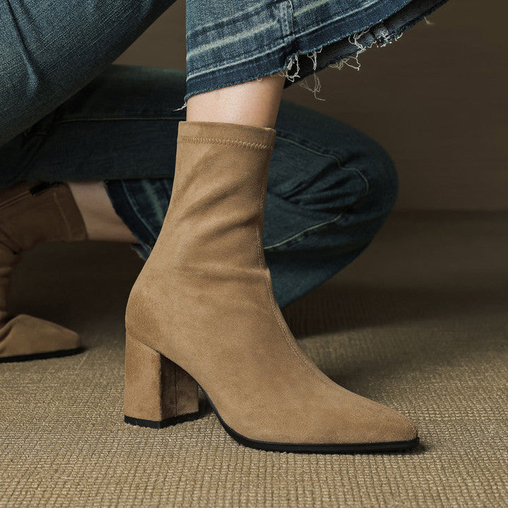 Genuine Suede Pointed-Toe Ankle Boots with Block Heel and Side Zip - Marl &amp; Mere