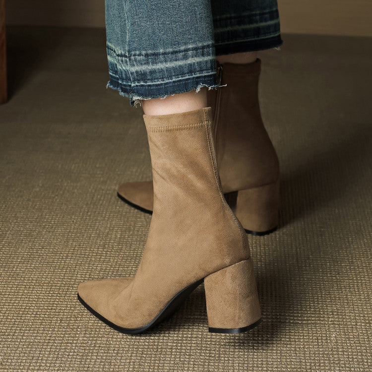 Genuine Suede Pointed-Toe Ankle Boots with Block Heel and Side Zip - Marl &amp; Mere