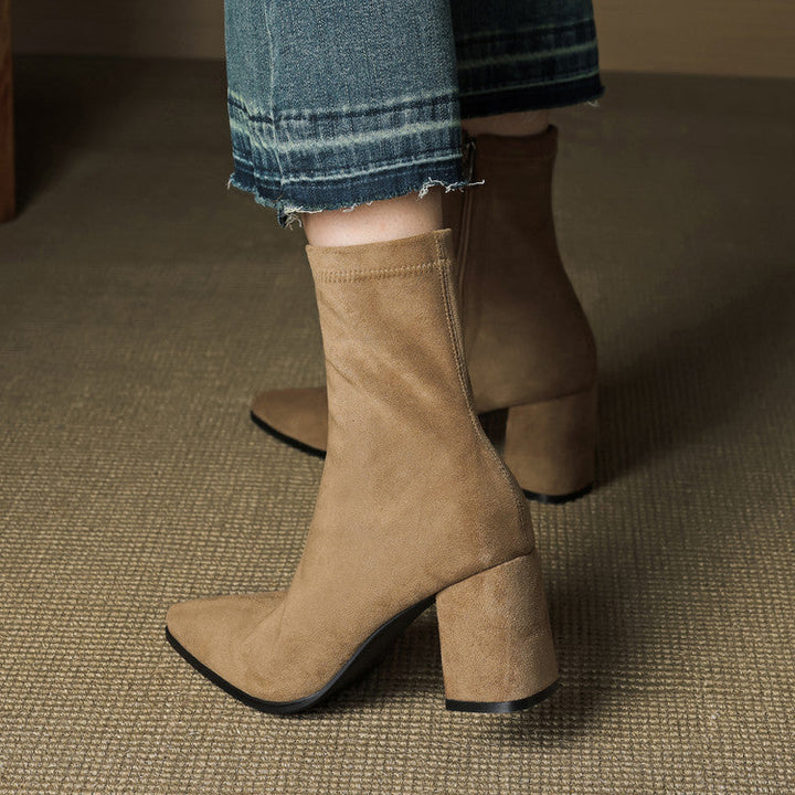 Genuine Suede Pointed-Toe Ankle Boots with Block Heel and Side Zip - Marl &amp; Mere